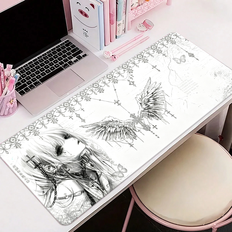 レザーマウスパッド黒白アニメ美学エンジェルガールマウスパッド - Tech Accessories For Desk のレビューと価格